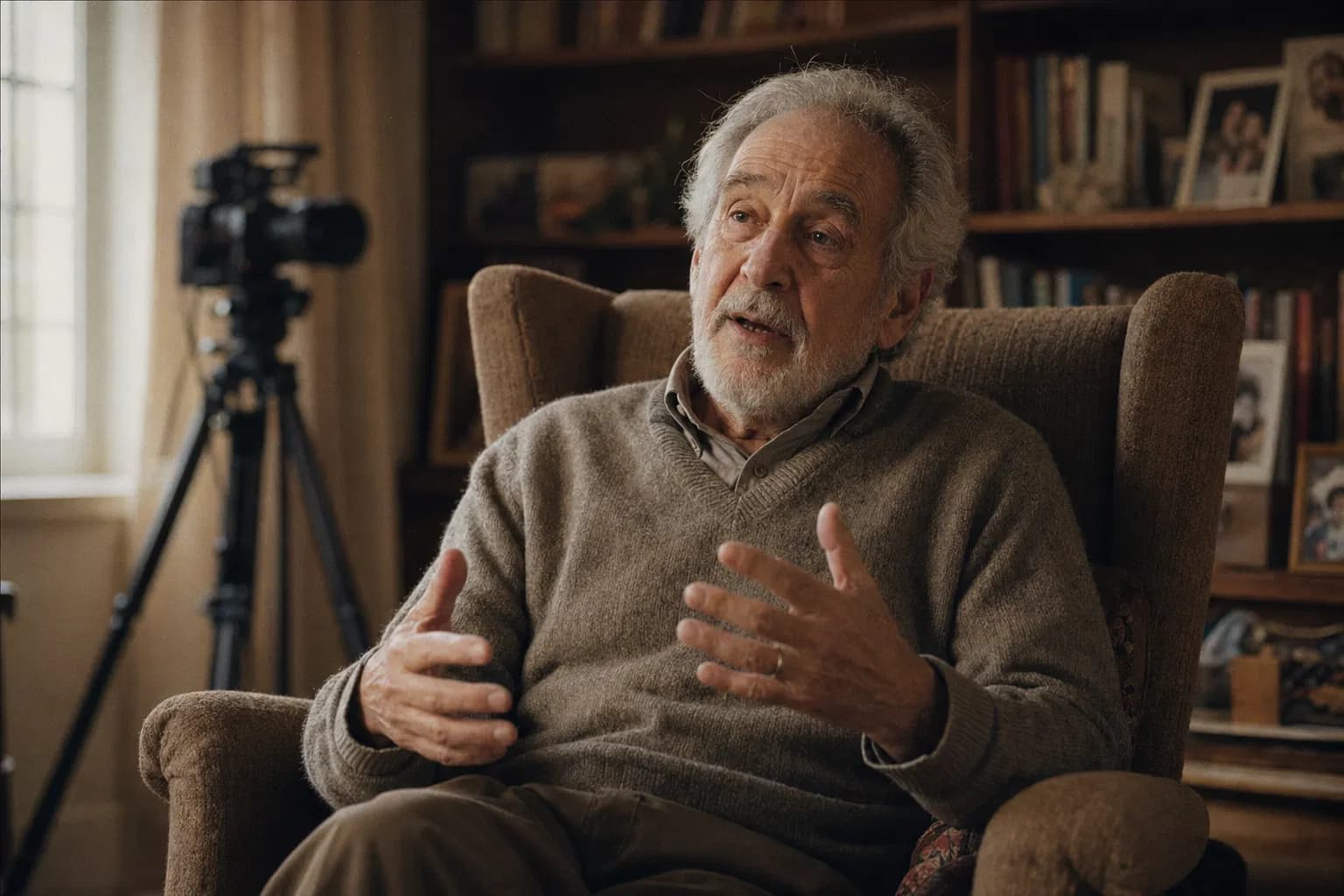 An elderly man sharing his story on camera